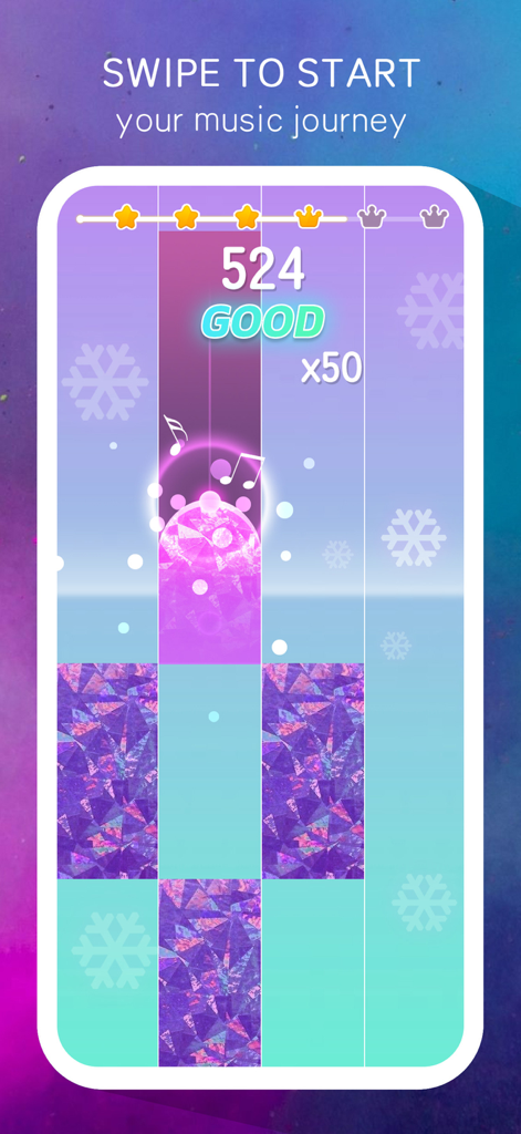 Music Tiles - Magic Piano Game - Interfaz de juego de Music Tiles Magic Piano Game que muestra teclas de cristal púrpura y una puntuación de 524