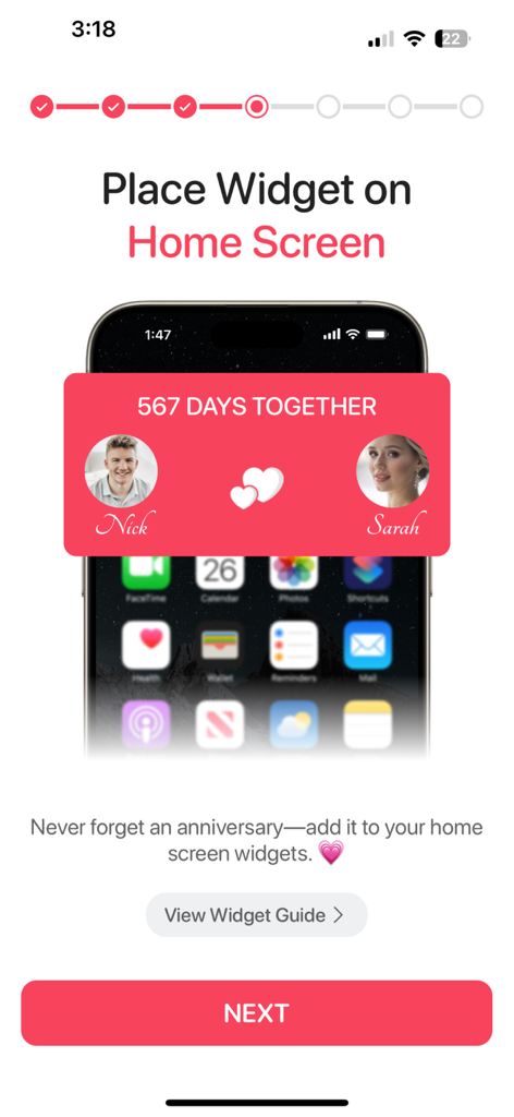 Interface showing how to set up a customizable relationship anniversary widget for an iPhone home screen.
