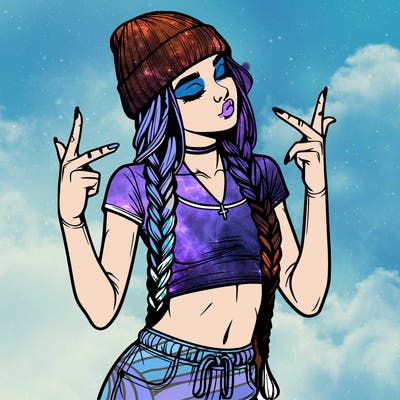 realistic teenage girl with braids and a beanie and crop top doing 🫶🏼