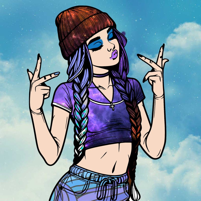 realistic teenage girl with braids and a beanie and crop top doing 🫶🏼