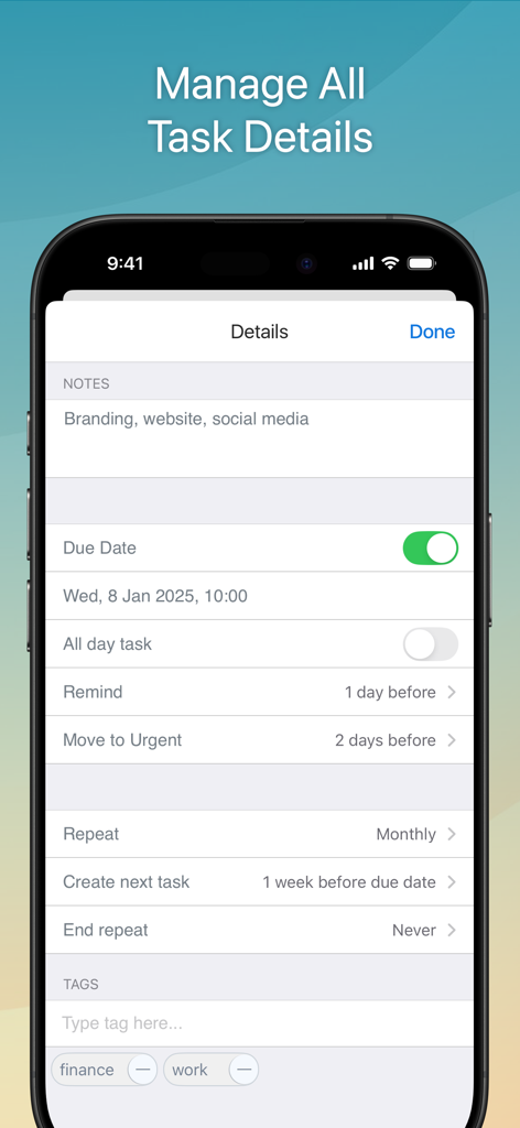 Focus Matrix app task details screen showing due dates and tags