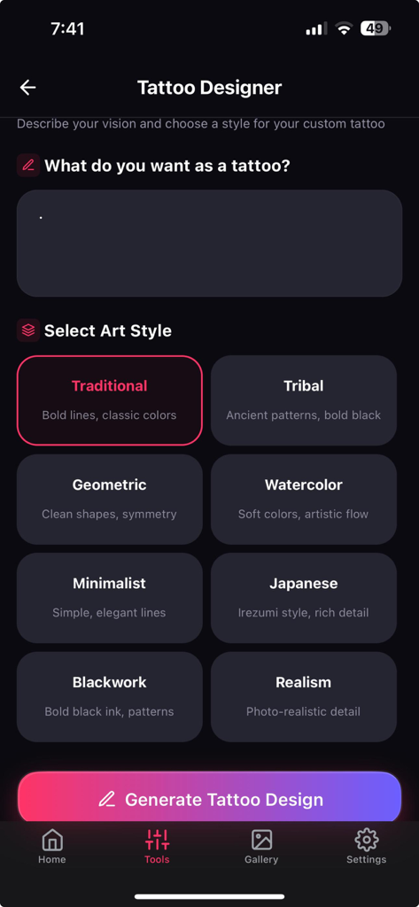Photo Aiアプリのタトゥーデザイナーツールのインターフェース。カスタムタトゥーの生成のためのさまざまなアートスタイルが表示されています。