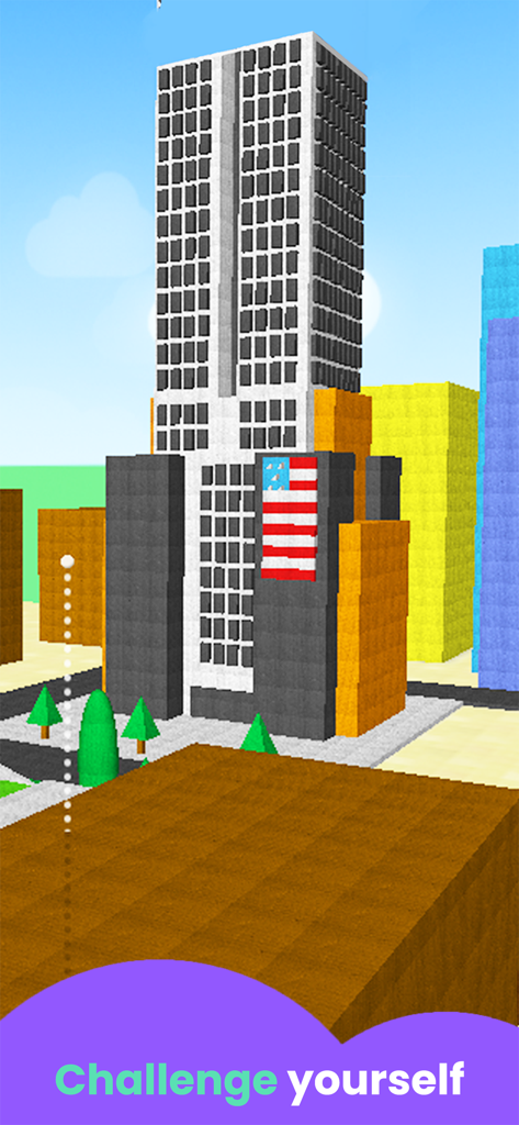 A tall voxel skyscraper with an American flag built in a creative construction game for kids.