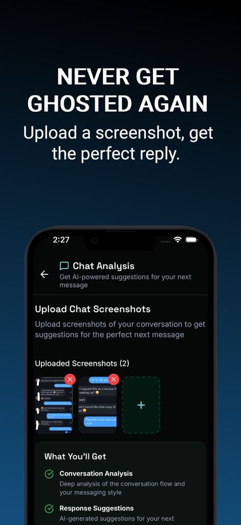 FlirtUp AI Dating Coach & Rizz - FlirtUp AI app screen for analyzing dating chat screenshots to avoid ghosting