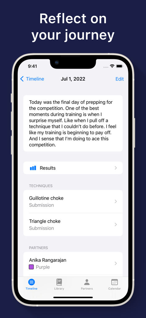 Martial Arts Training Journal - Interface of the Martial Arts Training Journal app displaying a detailed training reflection and logged techniques