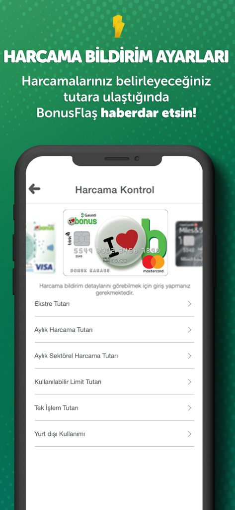 Interface of the BonusFlas app showing spending control and notification settings for Garanti BBVA credit cards