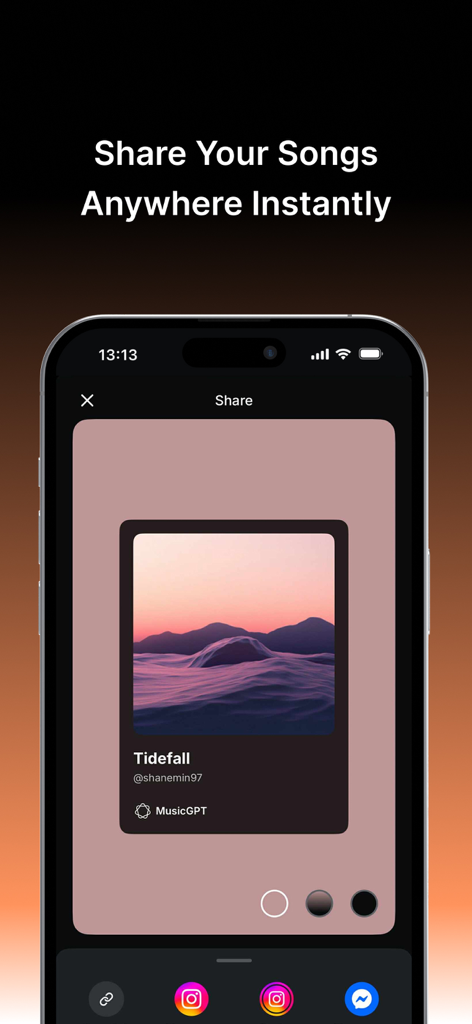 Interfaz de la aplicación MusicGPT que muestra opciones para compartir una canción generada por IA en plataformas de redes sociales