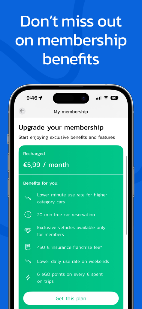 Smartphone screen showing SPARK car sharing app membership benefits including discounted rates and loyalty points