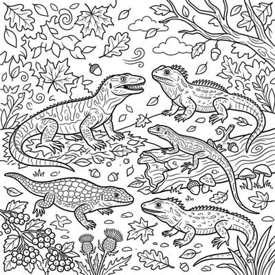 Step into an ancient autumn with this captivating coloring page featuring a diverse group of prehistoric lizards. Explore a detailed woodland scene filled with falling leaves and natural elements, perfect for creative minds.