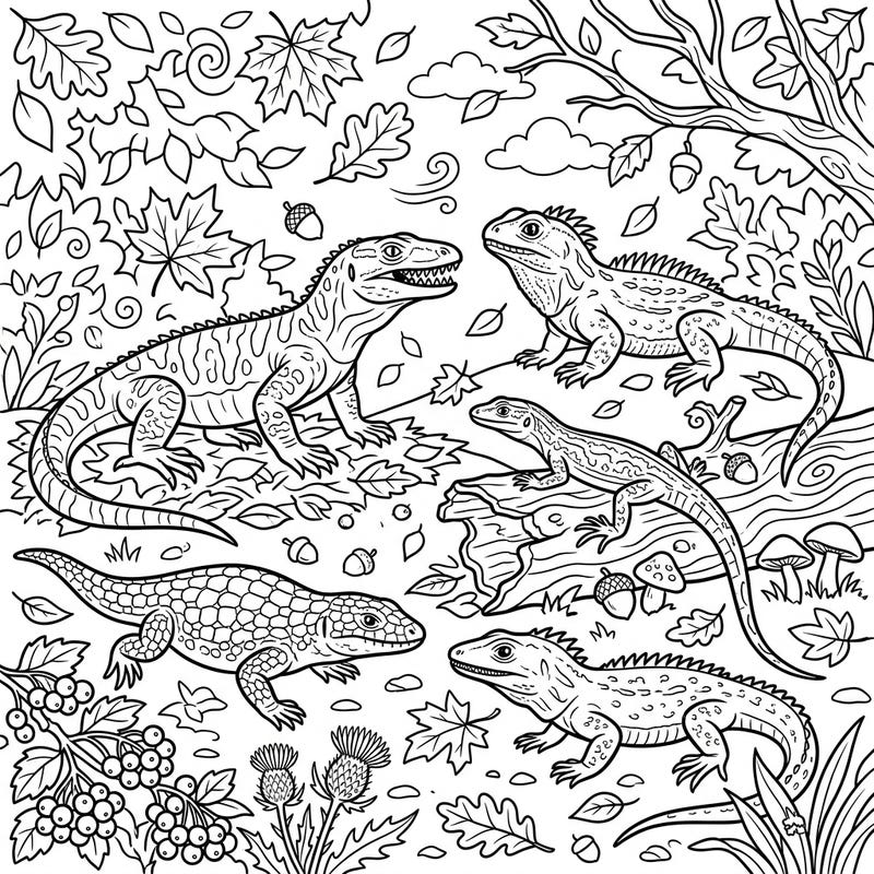 Step into an ancient autumn with this captivating coloring page featuring a diverse group of prehistoric lizards. Explore a detailed woodland scene filled with falling leaves and natural elements, perfect for creative minds.