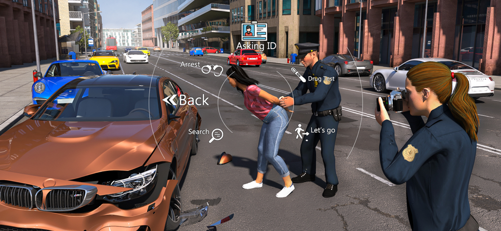 Patrol Officer Police Games 3D - Police officer arresting a suspect at a traffic scene in Patrol Officer Police Games 3D