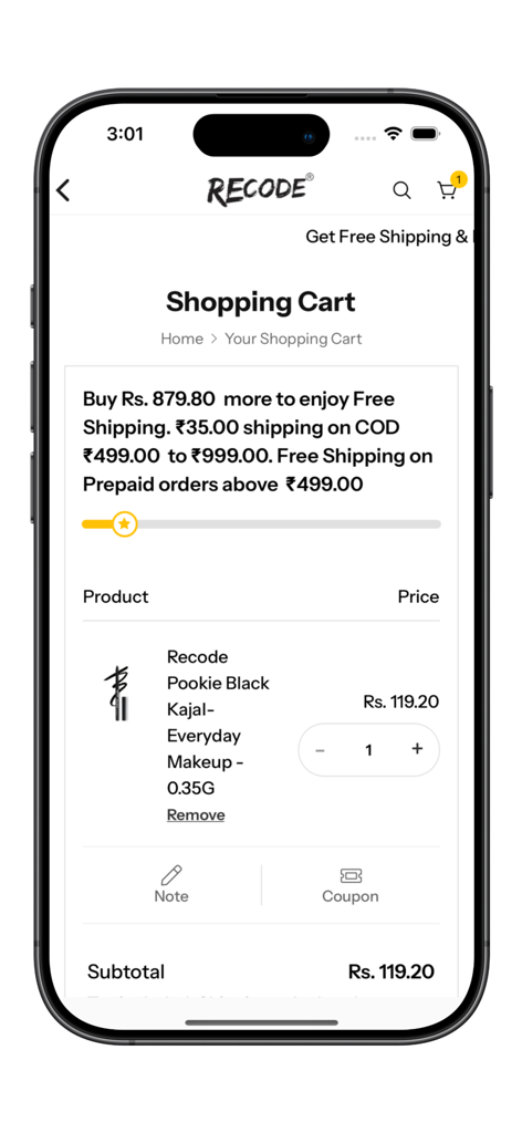 Recode Studios - Recode Studios mobile app shopping cart screen showing a makeup product and free shipping progress bar