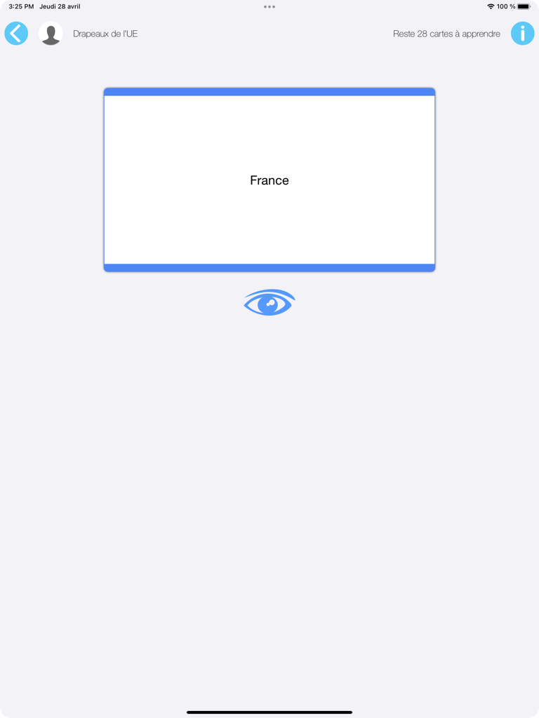 MEMO-CARTES - Tarjeta de memoria educativa en iPad mostrando una pregunta de geografía para el aprendizaje de recuperación activa