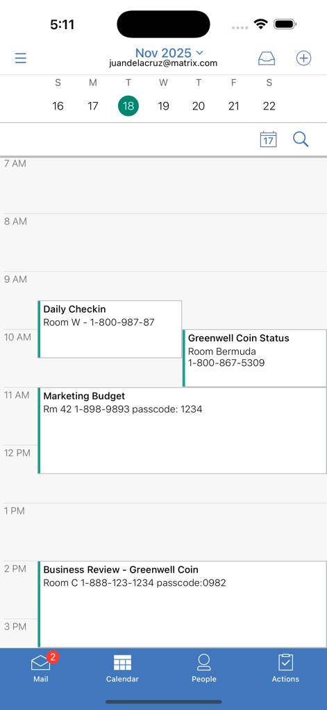 L'application mobile HCL Verse propose un calendrier affichant un planning quotidien avec les détails des réunions professionnelles et les codes d'accès.