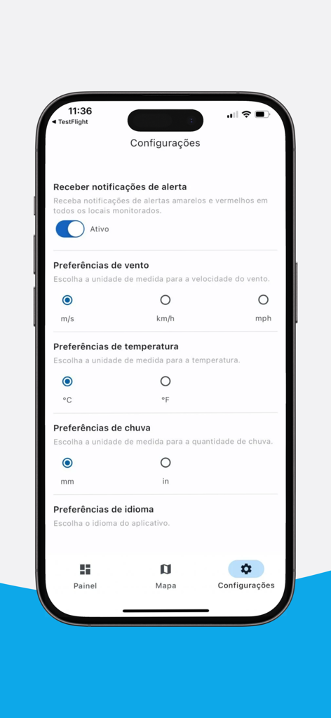 SMAC - SMAC悪天候アプリの設定画面。アラートと測定単位の好みが表示されています。