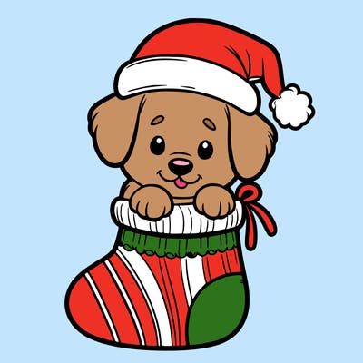 cute puppy wearing santa hat in socking