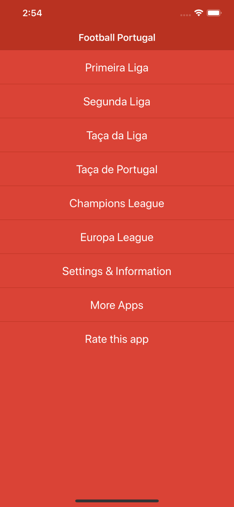 Football Portugal - ポルトガル・フットボールアプリのメインメニュー画面、リーグオプションを表示