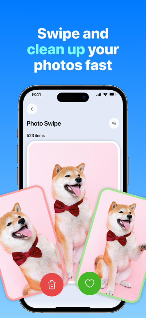 Oxio - Cleaner App - Smartphone screen displaying the Oxio app photo swipe interface for quick photo cleaning.