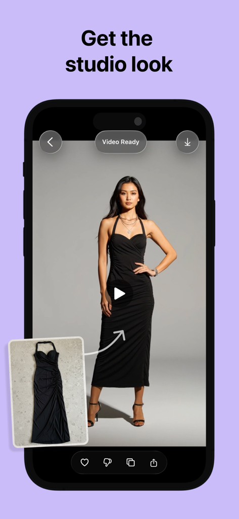 Lorean: AI Product Studio - Lorean AI app transforming a simple dress photo into a professional studio shoot with a virtual model.