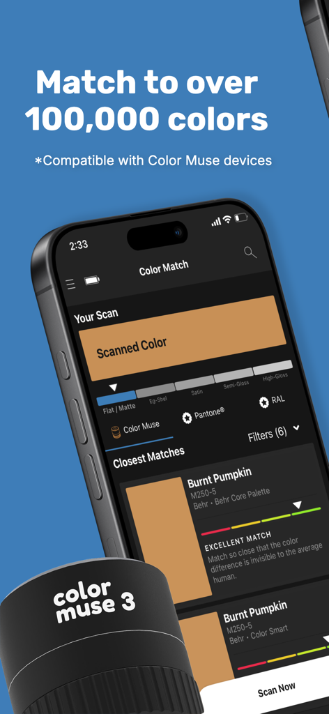 color muse - Smartphone affichant l'interface de l'application Color Muse faisant correspondre une surface numérisée à la peinture Burnt Pumpkin avec des niveaux de lustre.