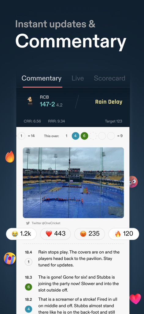 Mobile app interface showing ball by ball cricket commentary and live match updates