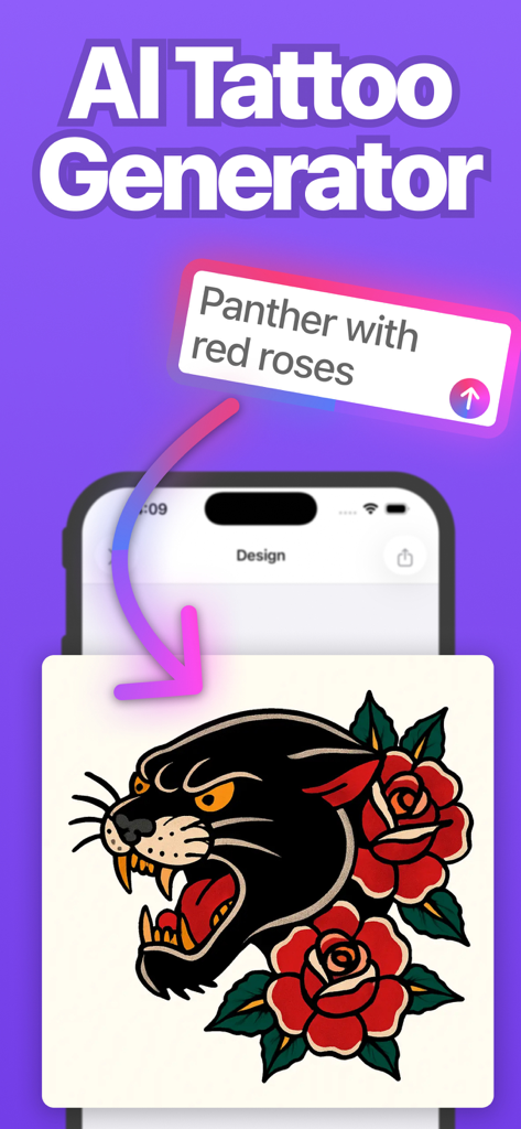 AI Tattoo Generator: Flashes - AI tattoo generator app interface showing a text prompt and a generated traditional panther with red roses design