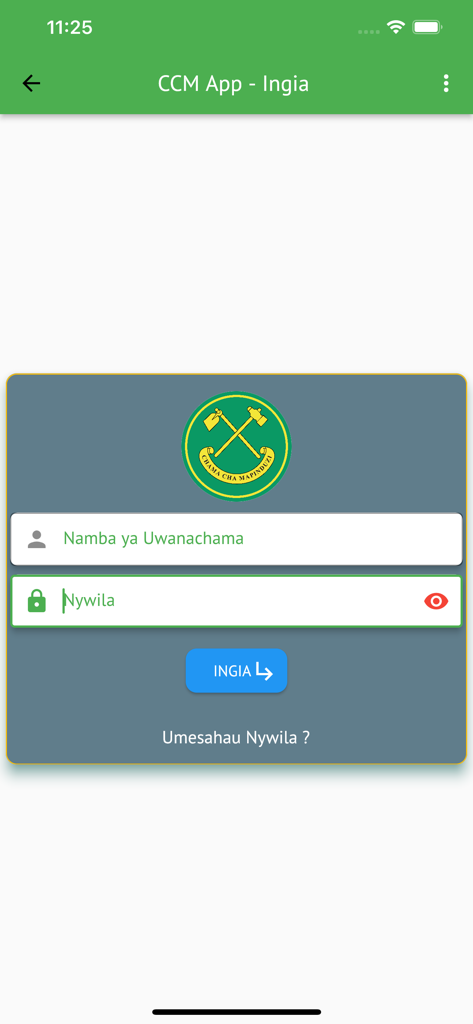 CCM_App - CCM App login screen with fields for membership number and password in Swahili