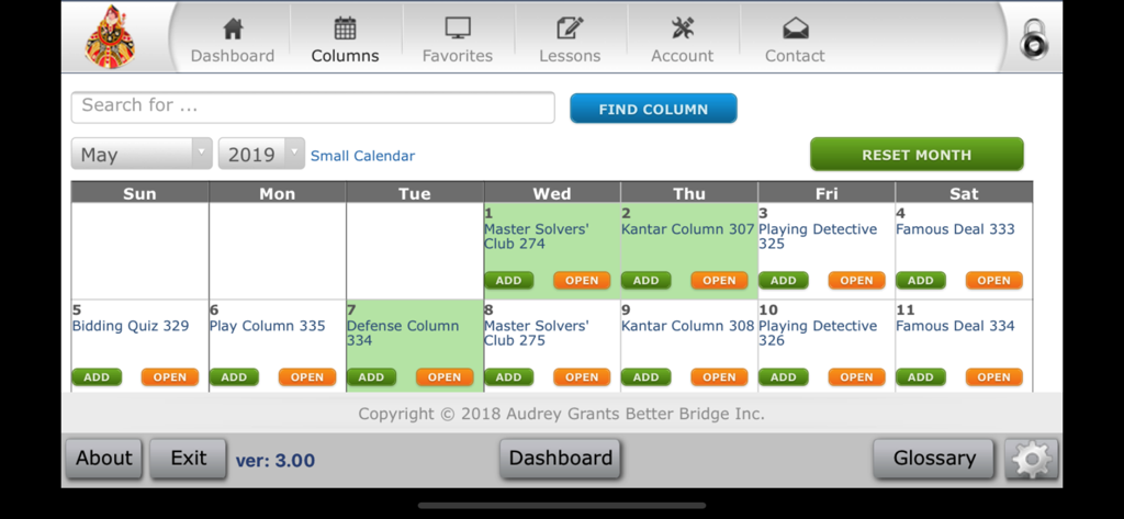 A calendar interface in the Better Bridge app showing daily bridge columns quizzes and lessons