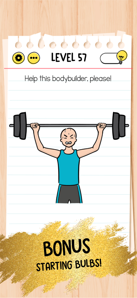 Puzzle du niveau 57 de Brain Test Premium montrant un homme soulevant des poids avec une offre de bonus d'ampoules