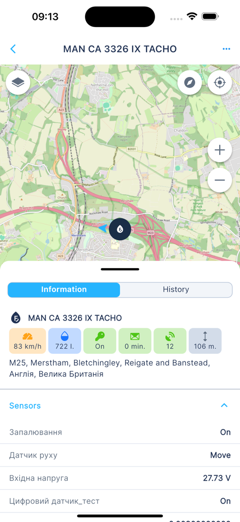 M2M App interface displaying real-time vehicle location on a map with sensor data including speed and fuel levels