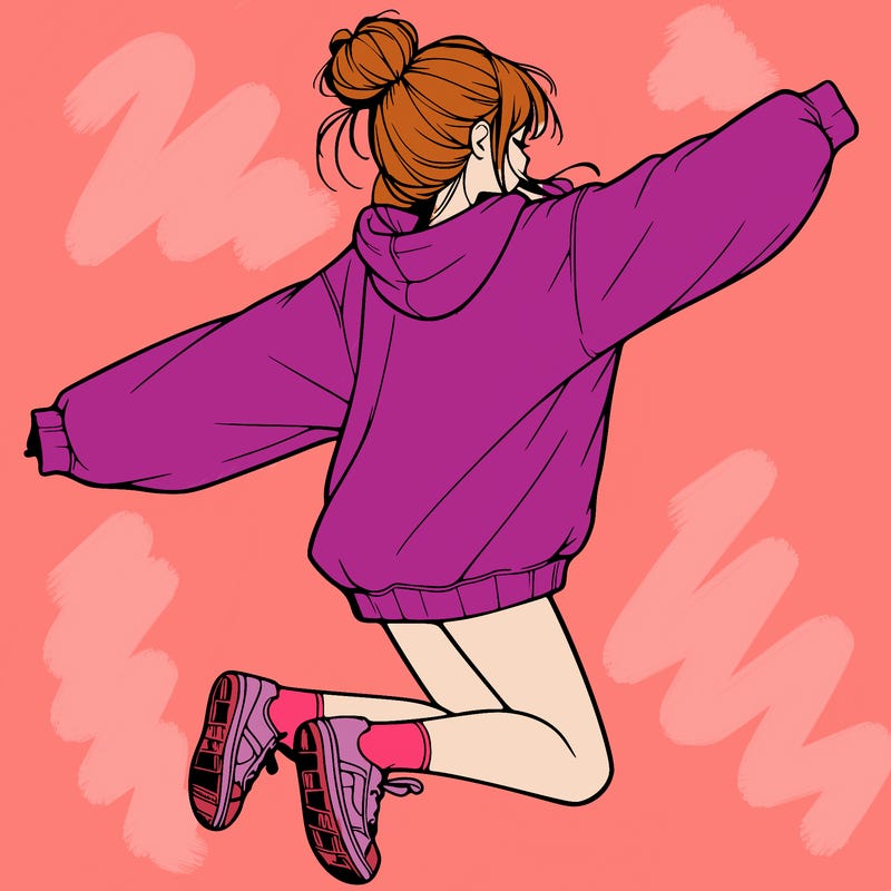 realistic girl jumping with a bun and oversized sweatshirt