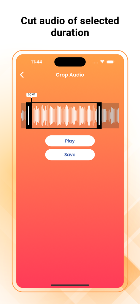 Voice Recorder - Audio Memos - ボイスレコーダーアプリのインターフェース。波形と再生および保存ボタンを備えたオーディオ切り抜きツールが表示されます。