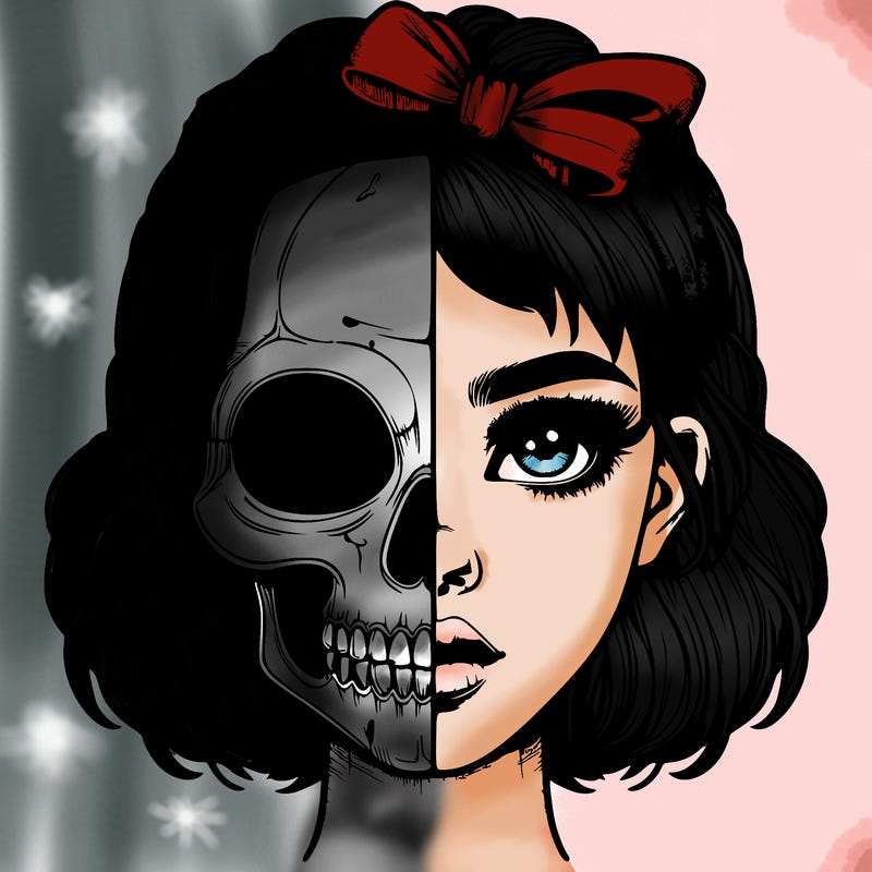 realistic girl with half skull mask