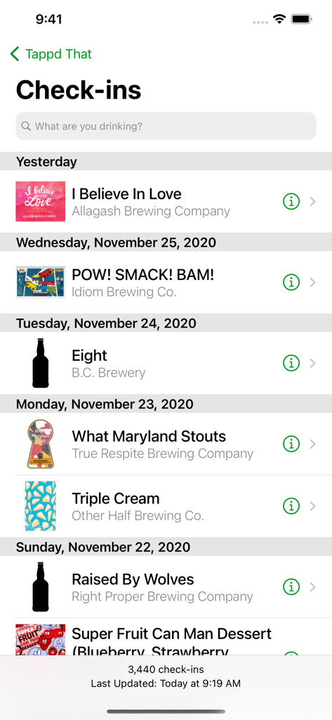 Tappd That for Untappd - A chronological list of craft beer check-ins in the Tappd That app showing beer names and breweries.