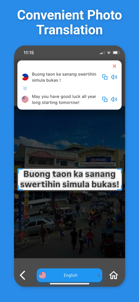Serbian Translator & More + - Écran de smartphone affichant la fonction de traduction photo de l'application Traducteur Serbe traduisant du texte à partir d'une photo en anglais.