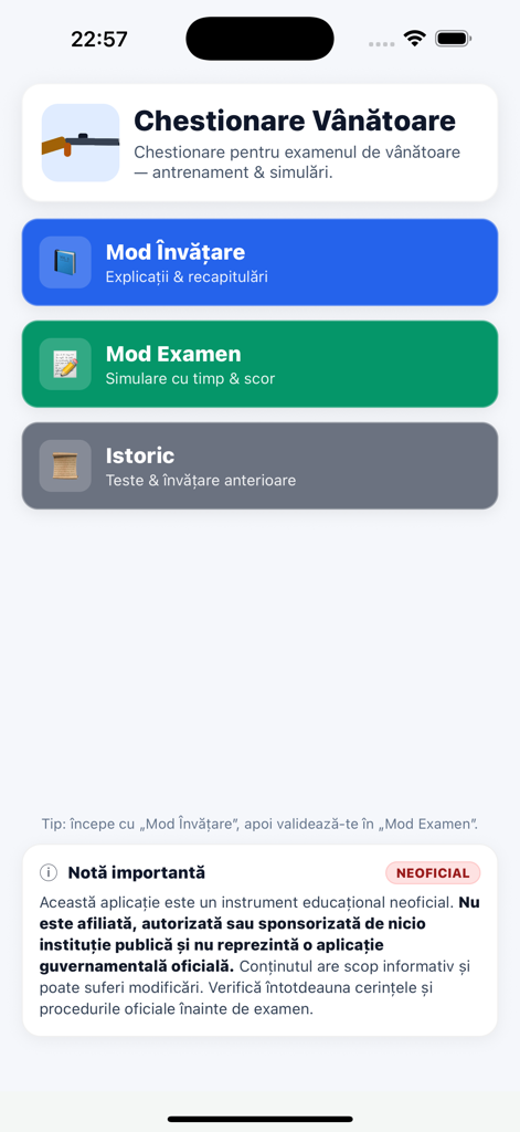 Menú principal de la aplicación de preparación para la licencia de caza rumana que muestra los modos de aprendizaje y examen