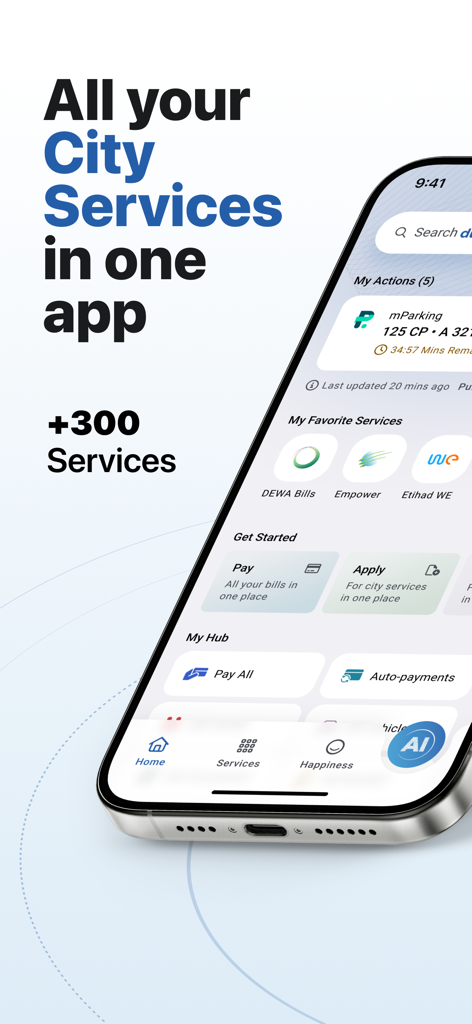 Oberfläche der DubaiNow Mobile App, die vereinheitlichte städtische Dienstleistungen und Zahlungsoptionen zeigt