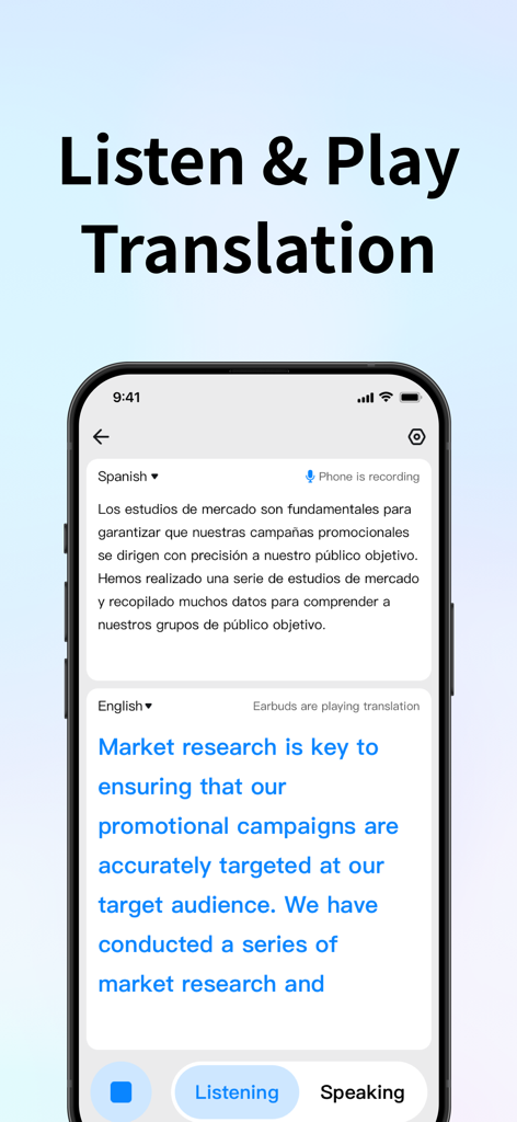 Timekettle app screen showing real-time translation from Spanish to English with audio playback indicator
