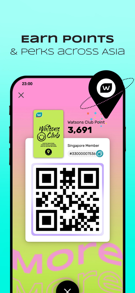 Watsons SG: Your Official App - Digital Watsons Club membership card on a smartphone screen showing points and a QR code for earning perks across Asia