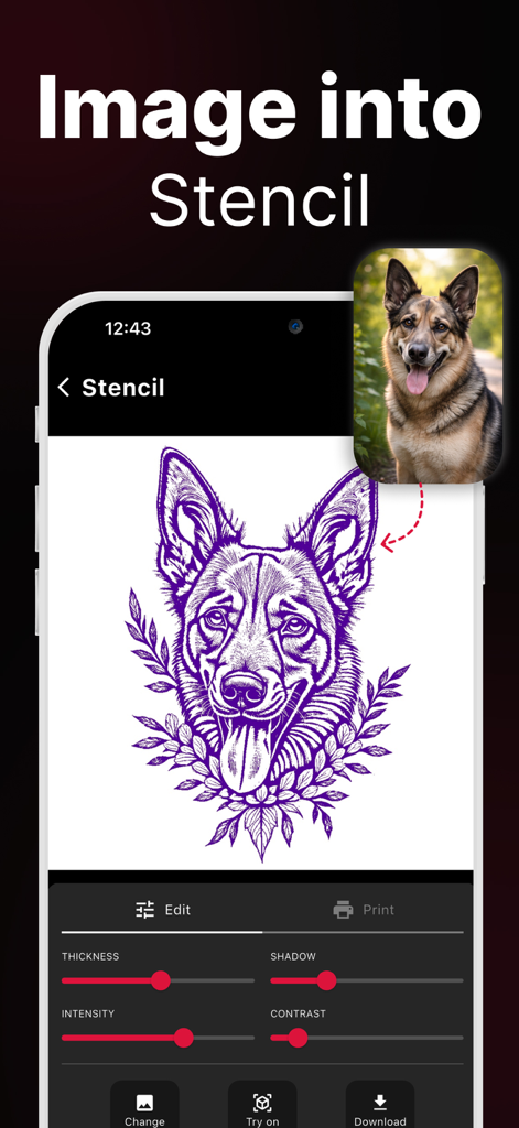 AI Tattoo Generator・Tattoo AI - Interface of AI Tattoo Generator showing a German Shepherd photo converted into a detailed line-art tattoo stencil with adjustment sliders.