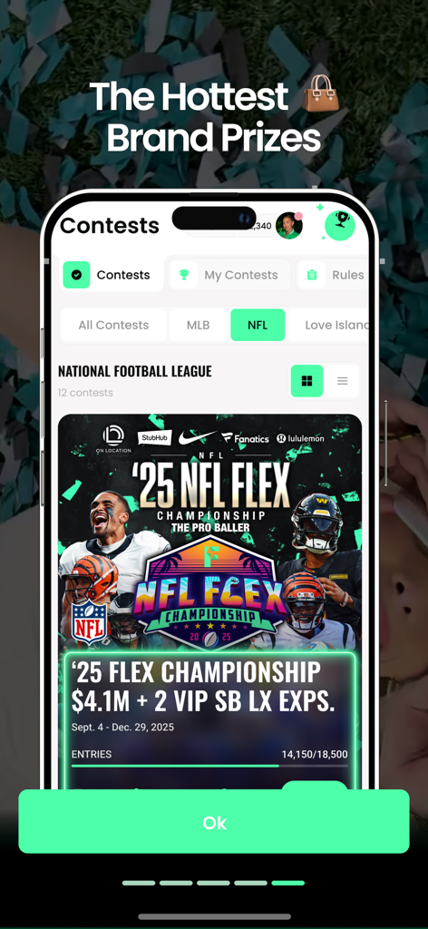 FanUp - Daily Fantasy Sports - Pantalla de la app FanUp mostrando concursos de la NFL y premios de marcas de estilo de vida
