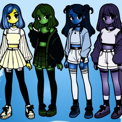 one girl with crop-top shirt and a jacket with a skirt, long socks and another girl with a shirt and pants with a jacket