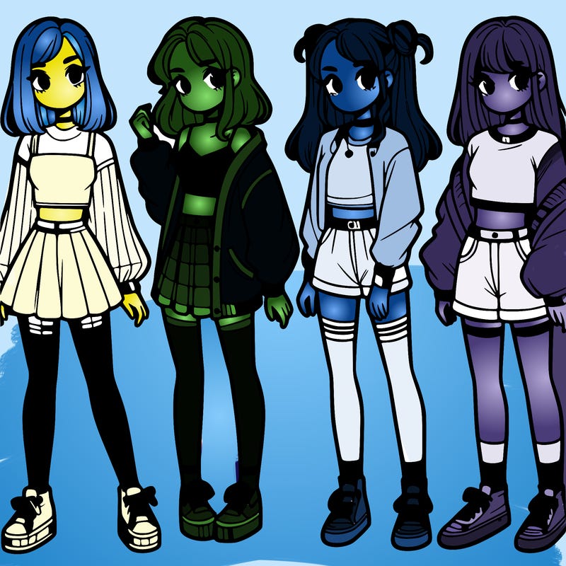 one girl with crop-top shirt and a jacket with a skirt, long socks and another girl with a shirt and pants with a jacket