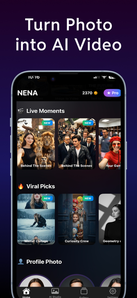 NENA AI Video Generator Pro - NENA AI Video Generator Pro mobile app interface for turning photos into AI videos
