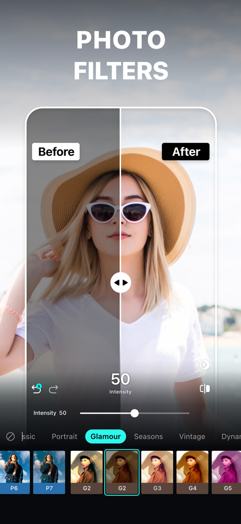 Blur Photo Editor - Vorher-Nachher-Vergleich eines Fotofilters in der Blur Foto Editor App, der eine Frau mit Hut zeigt