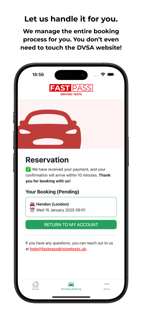 Fast Pass Driving Tests app screen showing a successful reservation confirmation and pending booking details