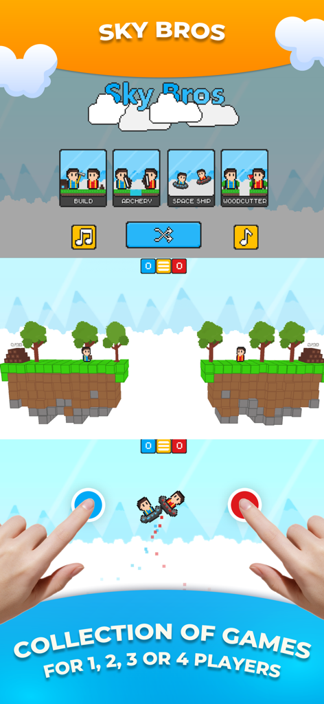 Multiplayer Games 2 Players ++ - Minijuegos multijugador en pantalla dividida para dos jugadores con personajes pixel art e islas flotantes