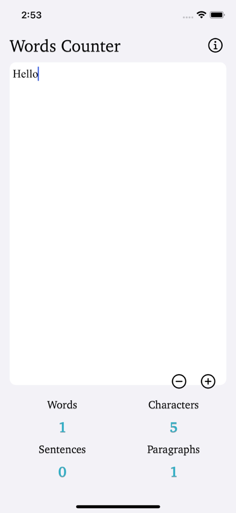 Words Counter Plus app interface showing word character sentence and paragraph counts