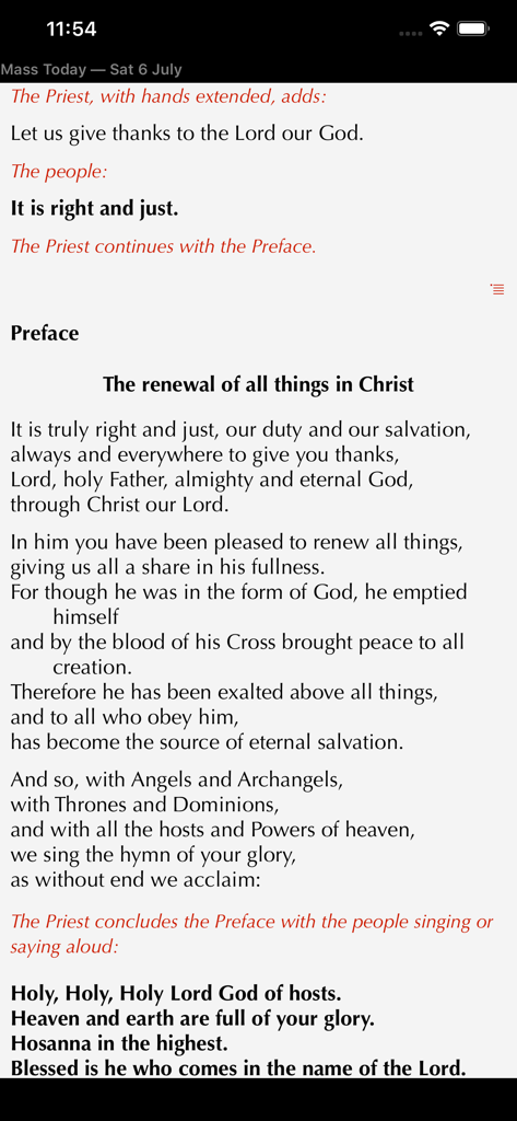 Uno screenshot dell'app Universalis che mostra il Prefazio della Messa Cattolica e le preghiere in un carattere chiaro e leggibile.