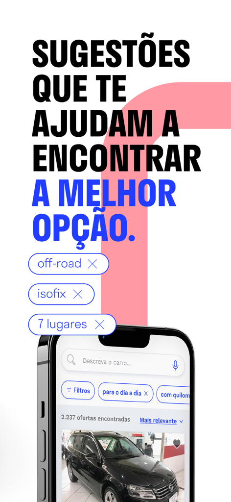 NaPista: comprar carros - Tela do aplicativo NaPista mostrando filtros inteligentes e sugestões de busca de carros em um smartphone
